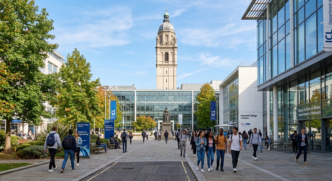 Imperial College London South Kensington campus with the iconic Queen's Tower, modern engineering buildings, and students walking through the courtyard on a bright day in London