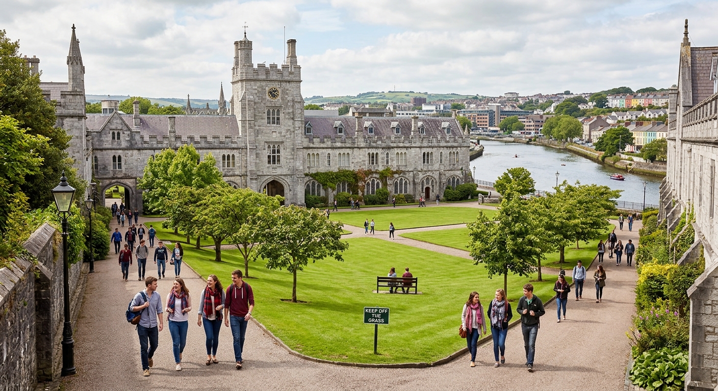 University College Cork historic limestone campus buildings with green quad, students walking along tree-lined paths, River Lee visible in background, Cork Ireland