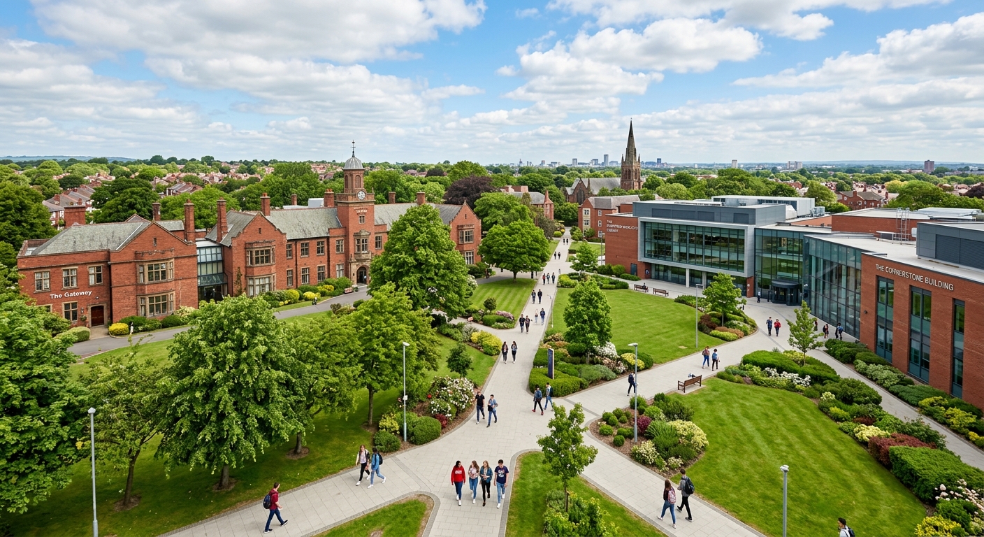 Liverpool Hope University Hope Park campus wide shot, leafy green suburban setting in Childwall Liverpool, traditional red brick buildings alongside modern architecture, students walking on landscaped pathways, blue sky with scattered clouds