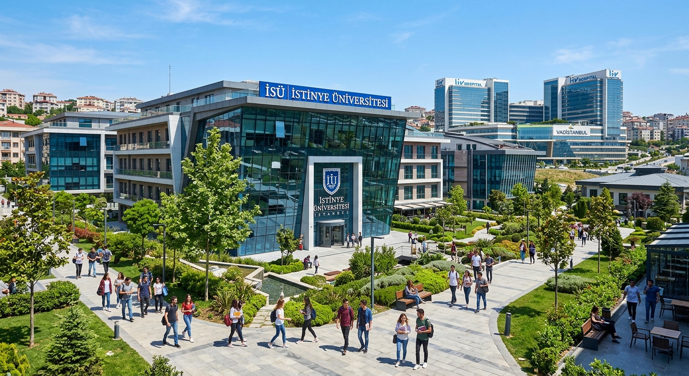 Modern Istinye University campus building in Istanbul Turkey with glass facade, students walking through landscaped courtyard, hospital buildings visible in background, clear blue sky