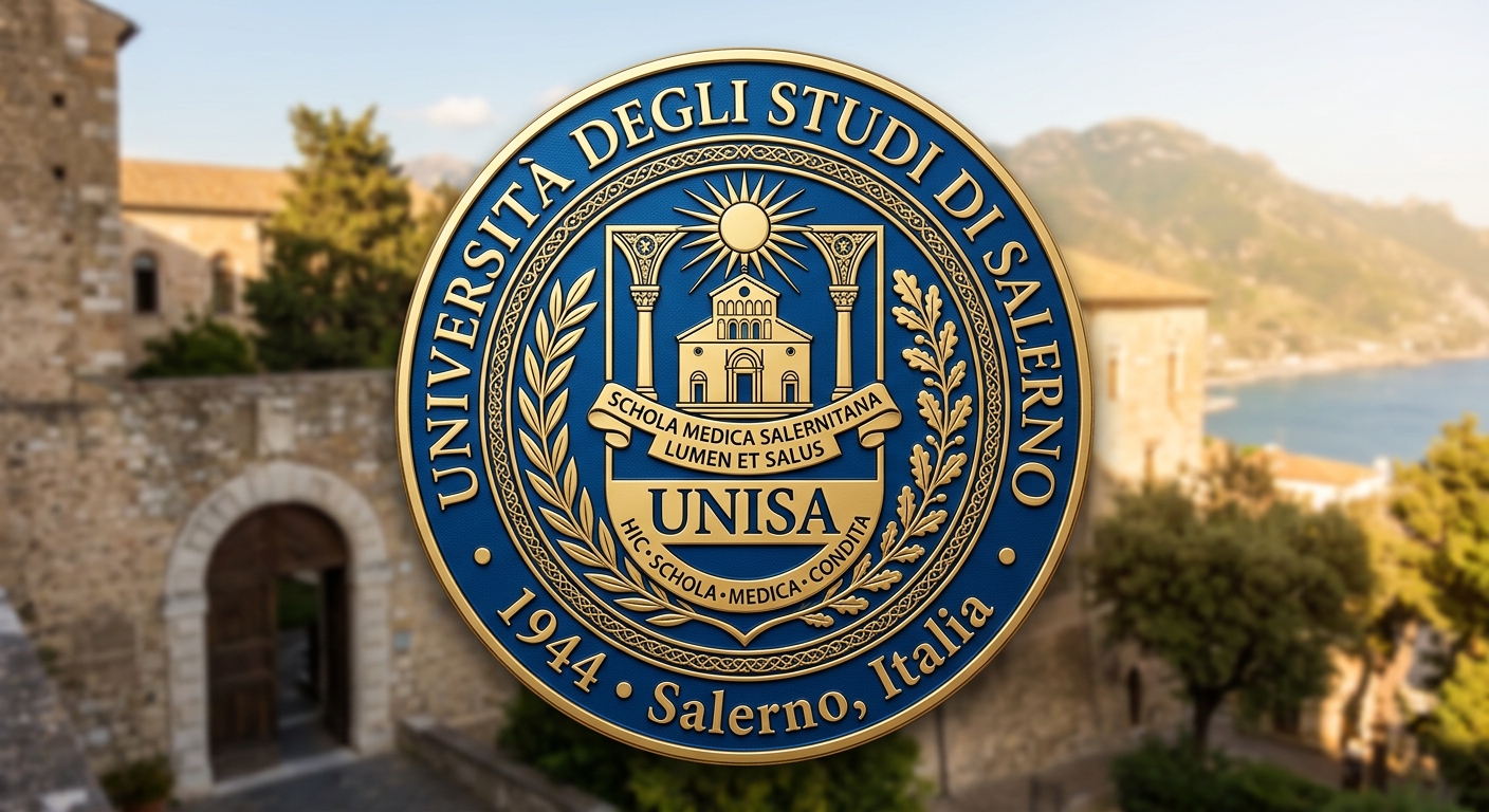 University of Salerno official logo, blue and gold circular emblem with UNISA text and Schola Medica Salernitana historical insignia
