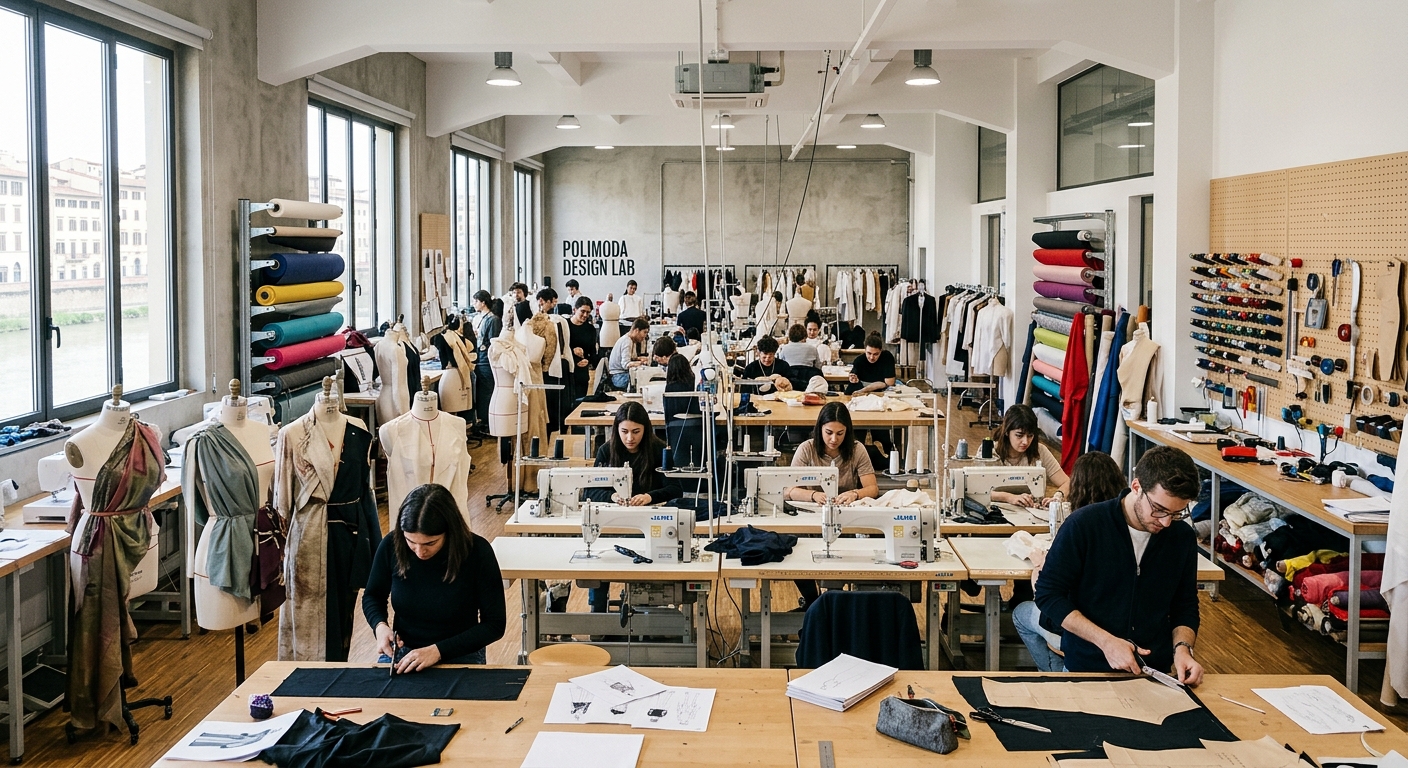 Polimoda Design Lab interior, modern fashion workshop with sewing machines, mannequins, fabric rolls, and students working on garment construction, bright well-lit studio space