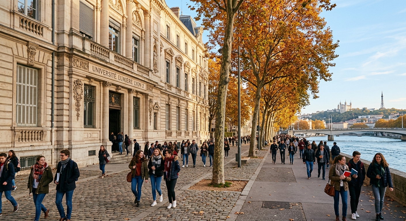 Berges du Rhône campus of Lyon 2, grand 19th-century stone building with ornate facade, tree-lined riverside promenade along the Rhône, students walking in autumn sunlight