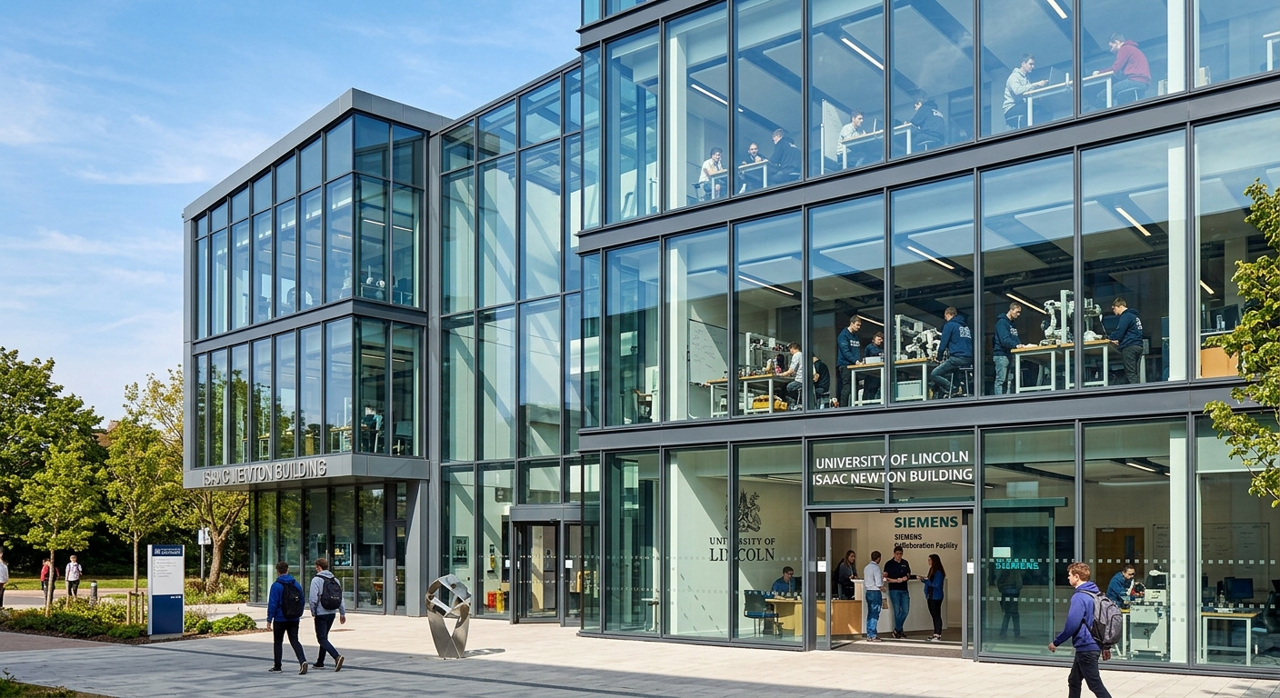 Isaac Newton Building at University of Lincoln, contemporary glass and steel architecture, engineering students visible through large windows, Siemens collaboration facility, sunny day