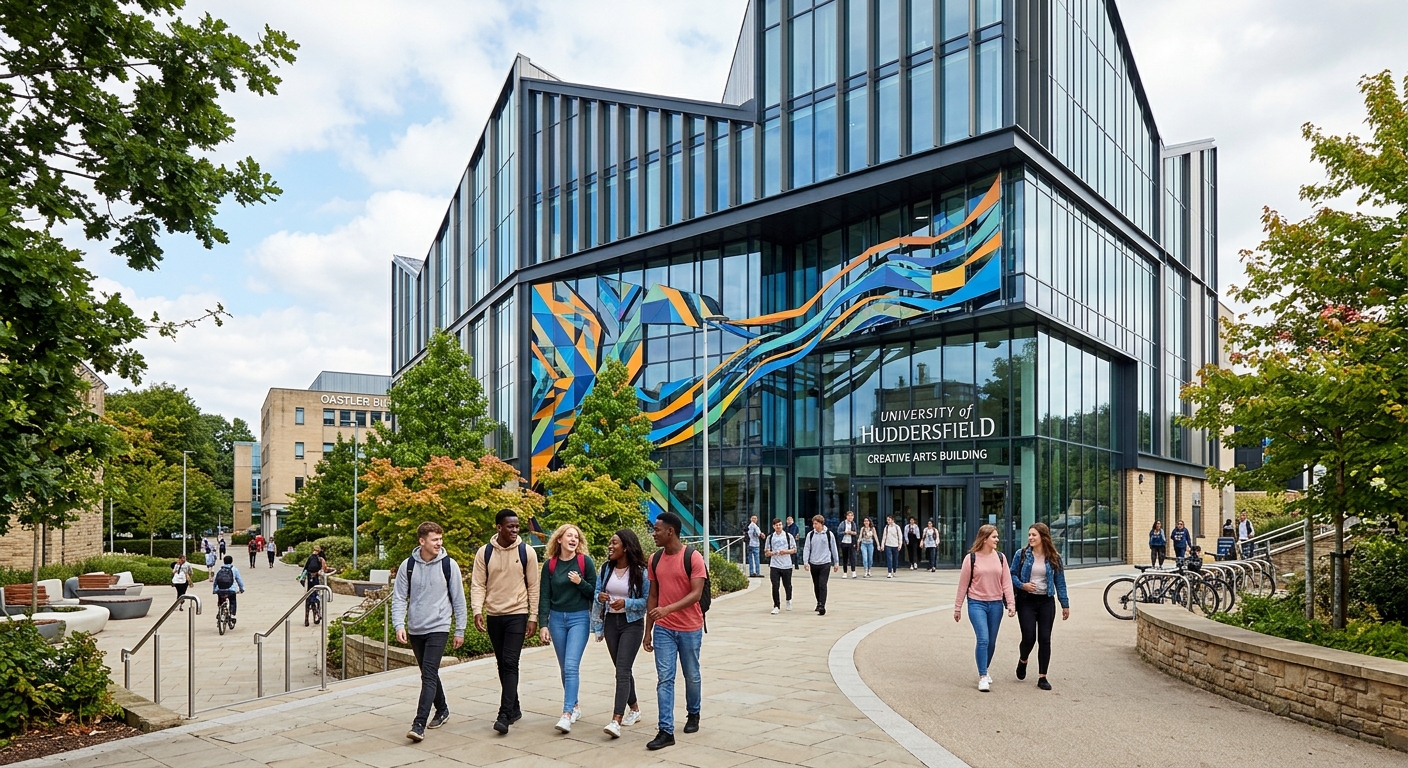 University of Huddersfield Creative Arts Building exterior, modern glass and steel architecture, public art installation on facade, students walking on pathway