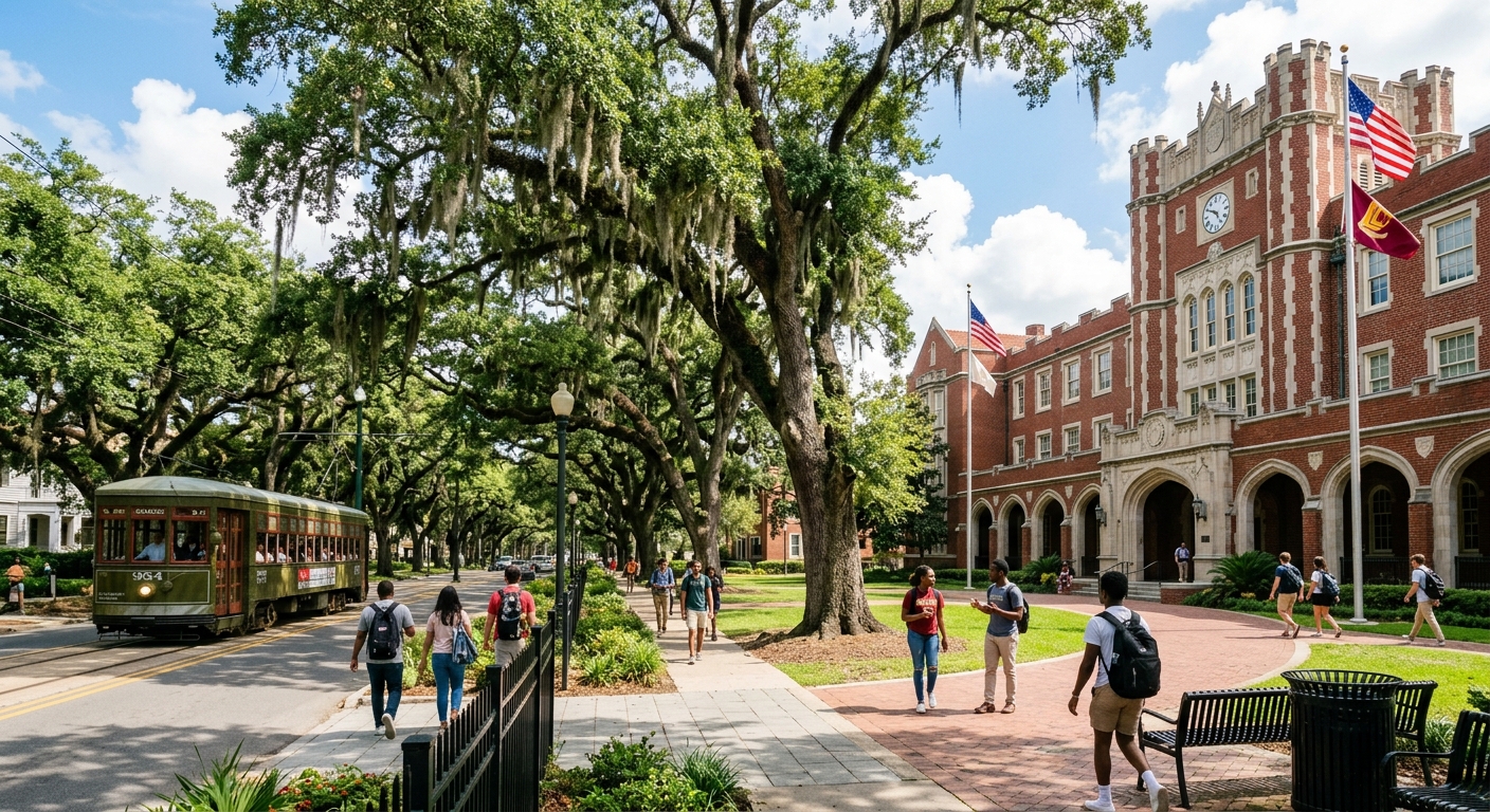 Loyola University New Orleans campus with historic oak trees lining St. Charles Avenue, red-brick academic buildings, students walking on pathways, sunny Louisiana sky