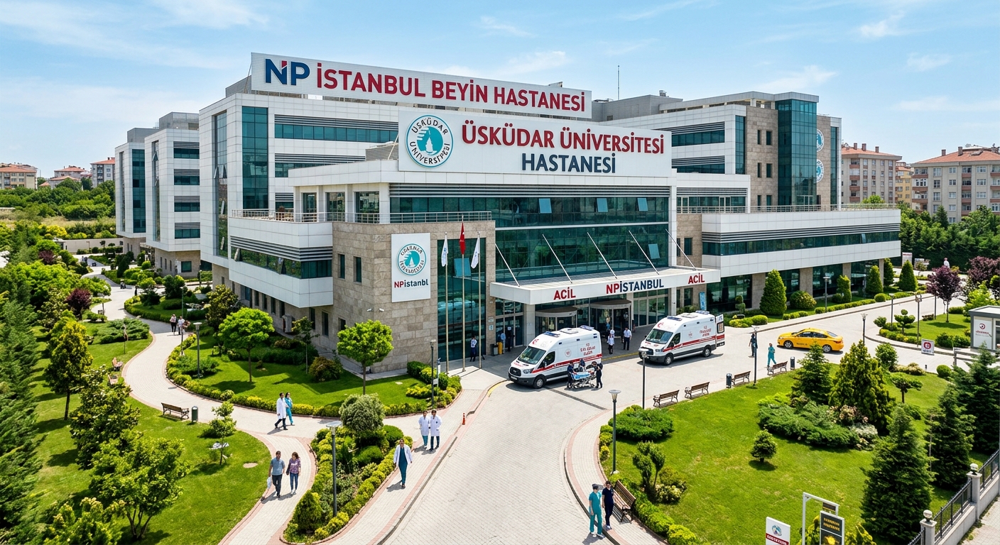 NP Istanbul Brain Hospital affiliated with Üsküdar University in Ümraniye, large modern hospital building, medical campus setting, ambulances and green landscaping