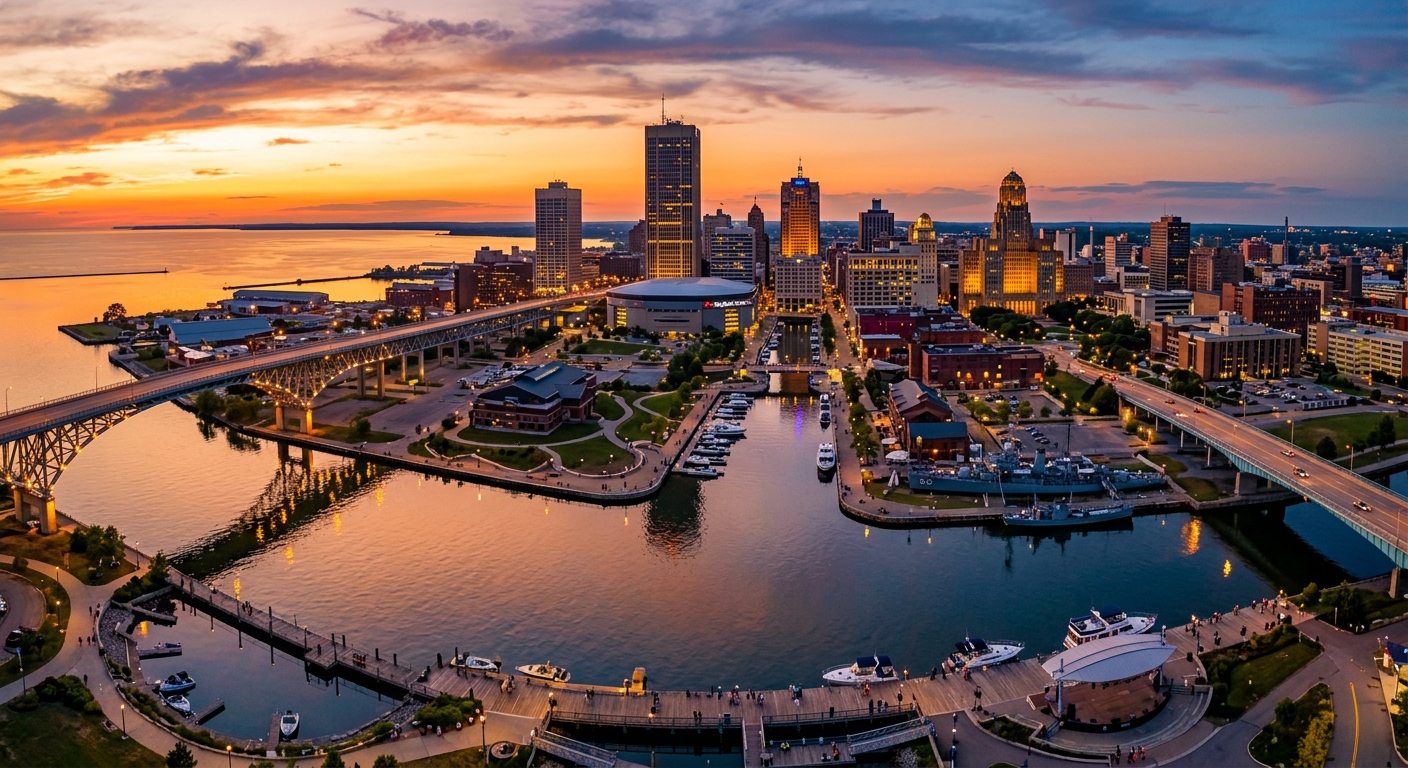 Buffalo New York skyline at sunset with Lake Erie waterfront, downtown skyscrapers, Canalside district, and bridges reflecting golden light