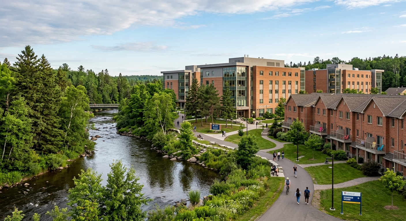 Lakehead University residence village buildings along McIntyre River, brick townhouses and modern residence halls surrounded by green trees and walking paths