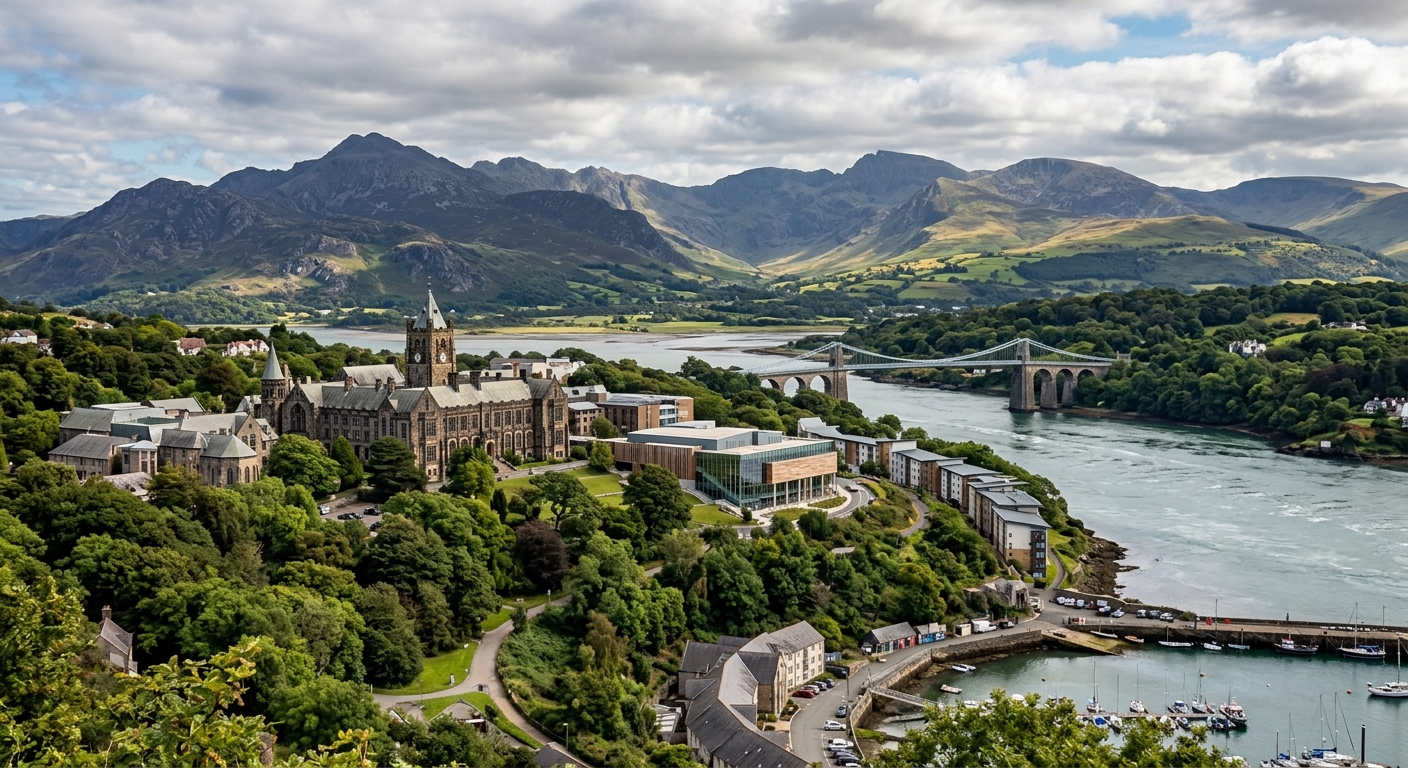 Bangor University campus nestled between Snowdonia mountains and the Menai Strait in North Wales, lush green landscape with historic university buildings and modern facilities, dramatic coastal scenery