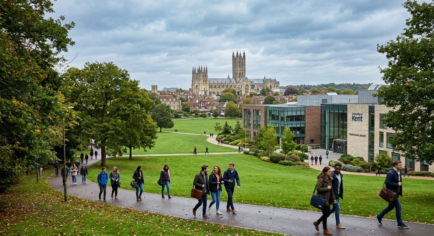University of Kent Canterbury campus with historic cathedral in background, green parkland, modern academic buildings, students walking along tree-lined pathways, overcast English sky