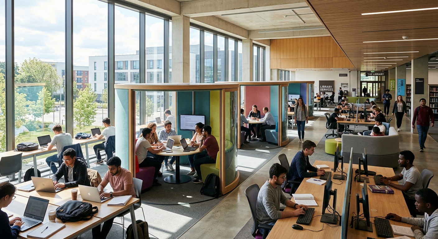 University of Portsmouth Library interior, modern open-plan study space with collaborative pods, natural light streaming through large windows, students studying at desks and meeting areas