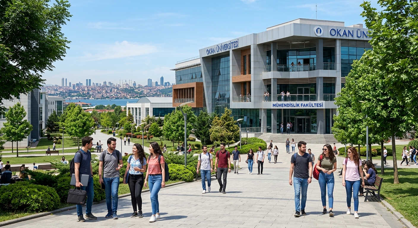 Modern Istanbul Okan University Tuzla campus with contemporary engineering building, students walking along tree-lined pathways, Istanbul skyline visible in the background, bright sunny day