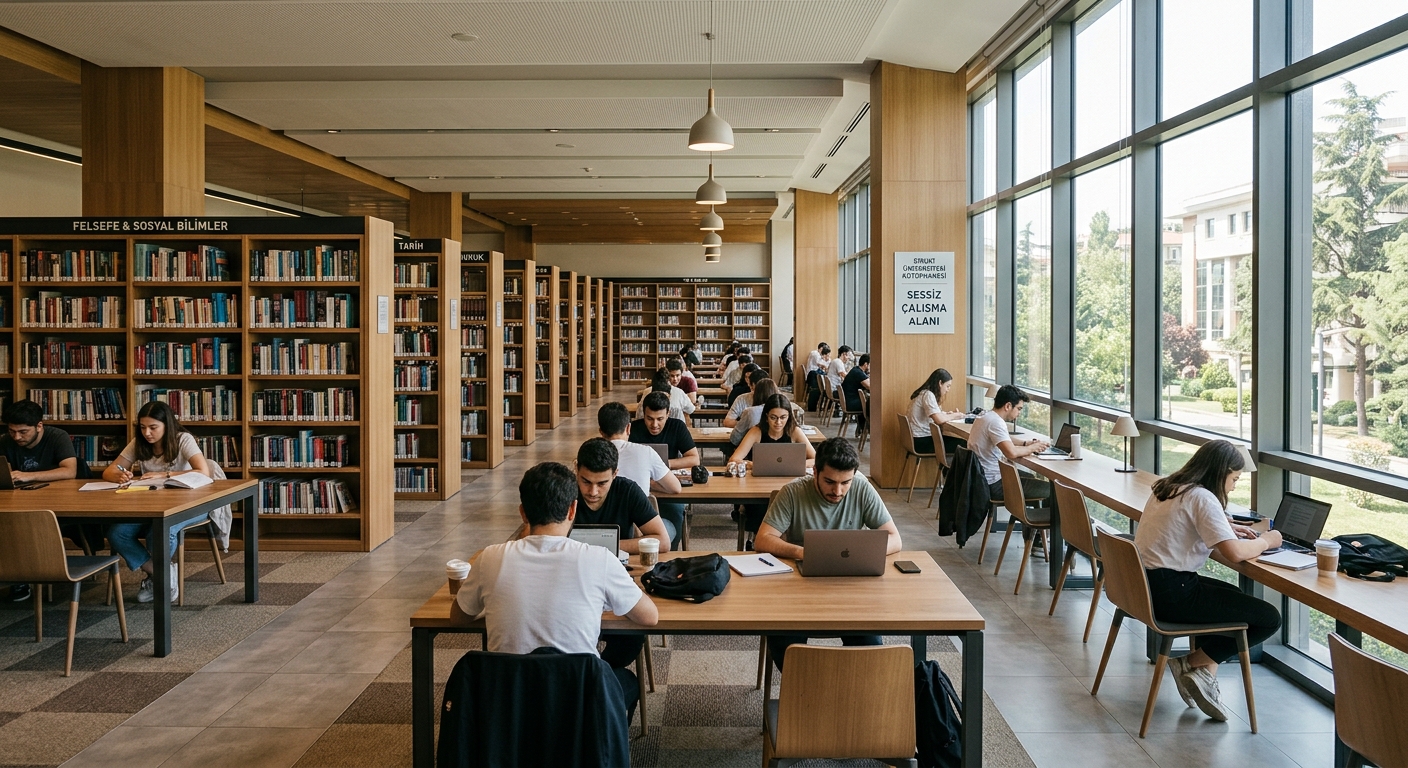 Biruni University library interior, rows of bookshelves, students studying at modern desks, natural lighting through large windows, quiet academic atmosphere