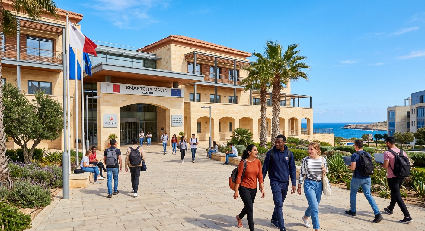 Modern campus building at SmartCity Malta with Mediterranean architecture, palm trees, and international students walking near the entrance under bright blue skies