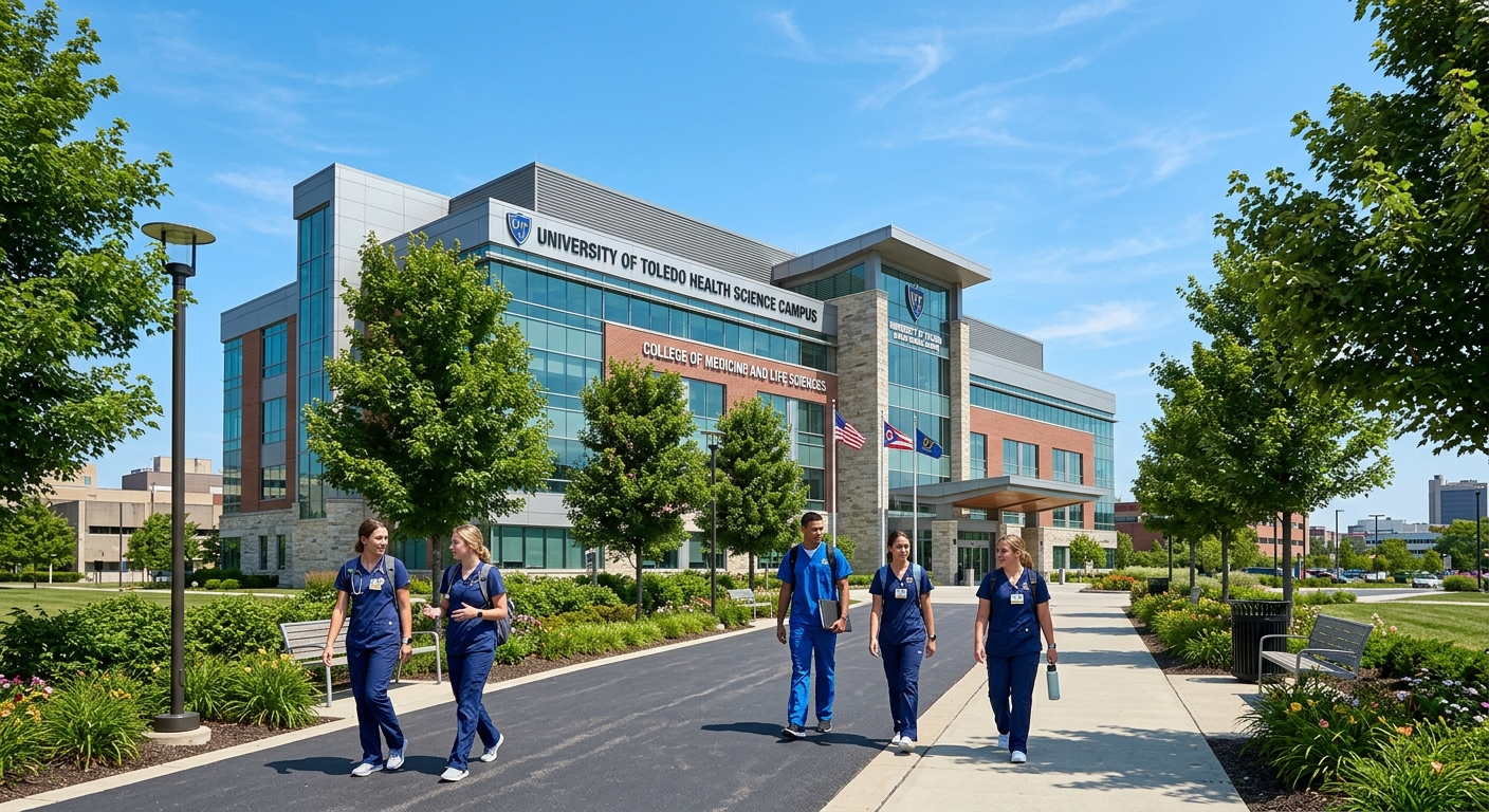 University of Toledo Health Science Campus building exterior with modern medical facilities, nursing students in clinical scrubs walking along tree-lined pathways, clear blue sky over Toledo Ohio