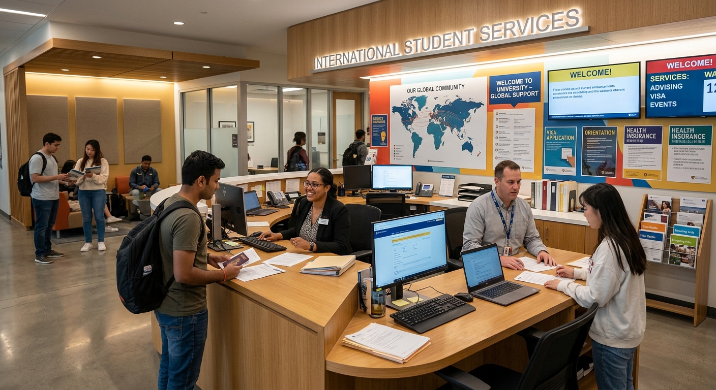 University administrative office with reception desk, professional staff assisting international students, modern interior with informational displays on walls