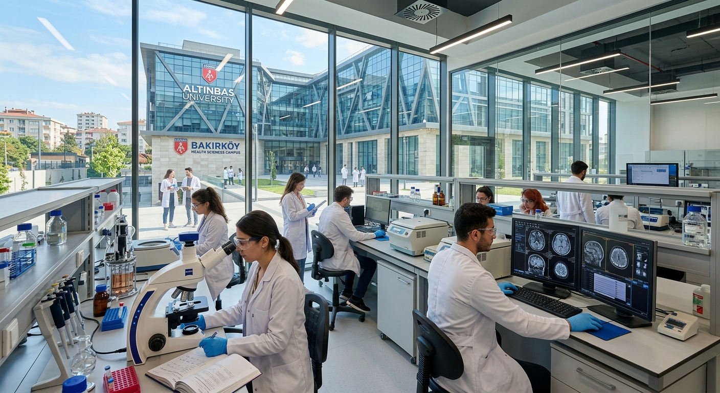 Modern Altinbas University Bakirkoy Health Sciences Campus in Istanbul, Turkey, featuring advanced biomedical research laboratories, students in white lab coats working with microscopes and medical imaging equipment, bright contemporary architecture