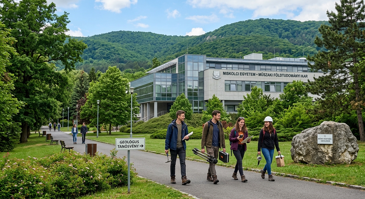 University of Miskolc campus nestled at the foothills of the Bükk Mountains in Hungary, modern engineering faculty building surrounded by lush green parkland, students walking along tree-lined pathways with geological field equipment visible