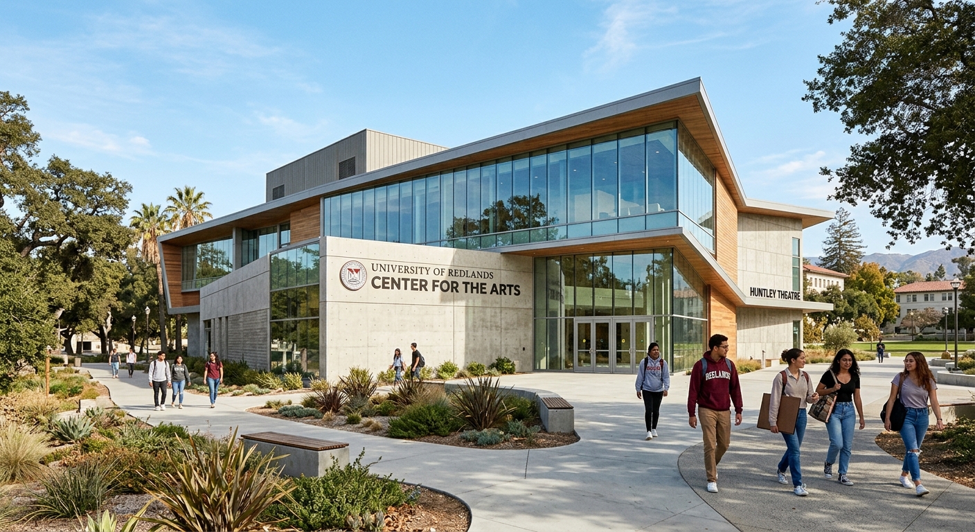University of Redlands Center for the Arts, a modern 42,000-square-foot building with large glass windows and contemporary design, students walking nearby