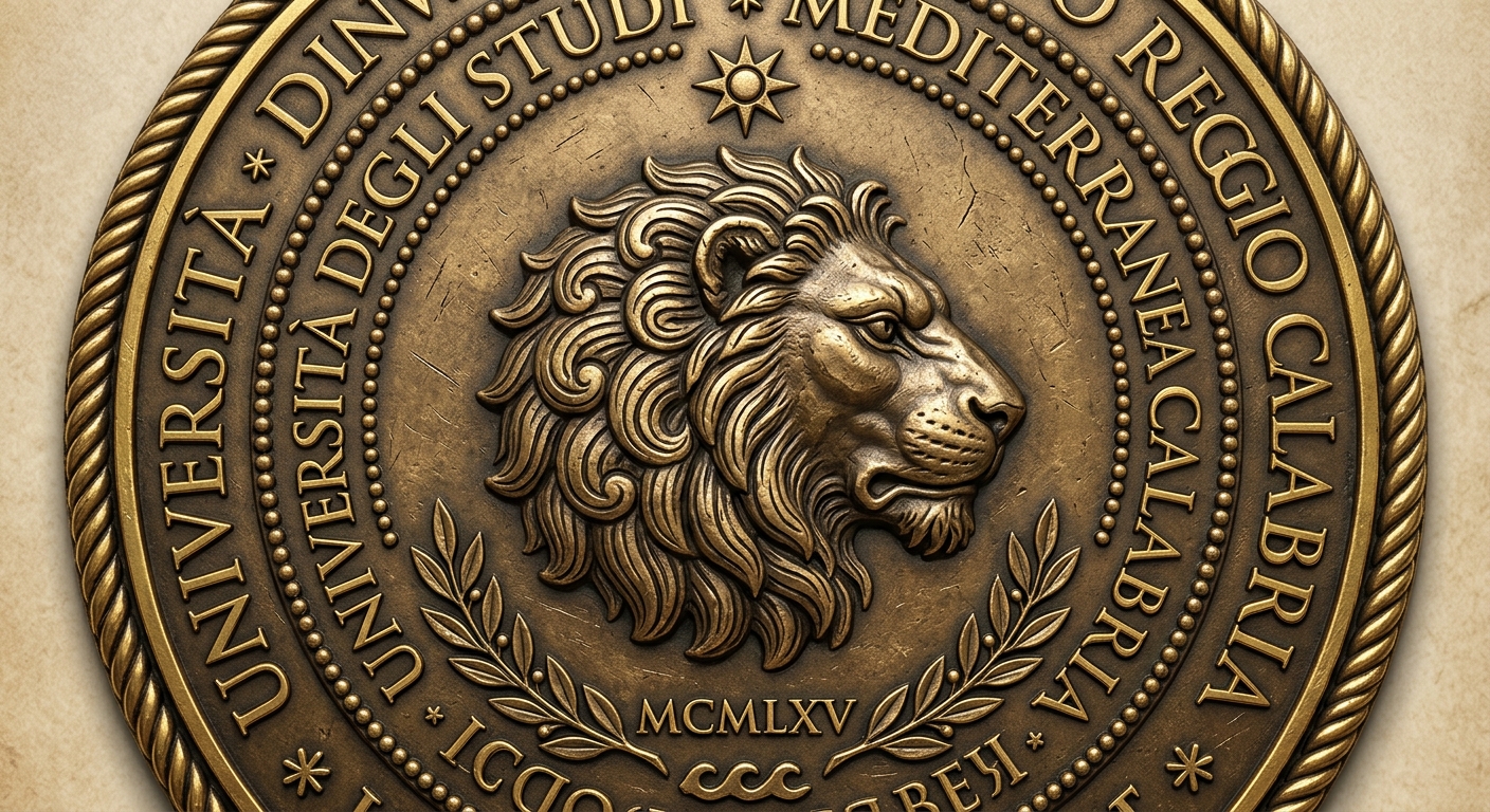 Official seal of Mediterranea University of Reggio Calabria featuring the head of the Nemean lion inspired by ancient coins of Rhegion, circular emblem with university name in Italian