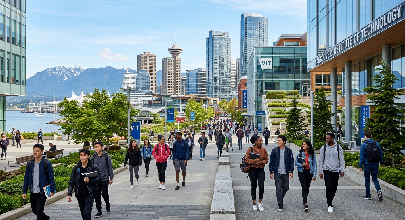 Modern college campus in downtown Vancouver, British Columbia, with diverse international students walking between classes, urban cityscape with mountains in the background, bright daylight