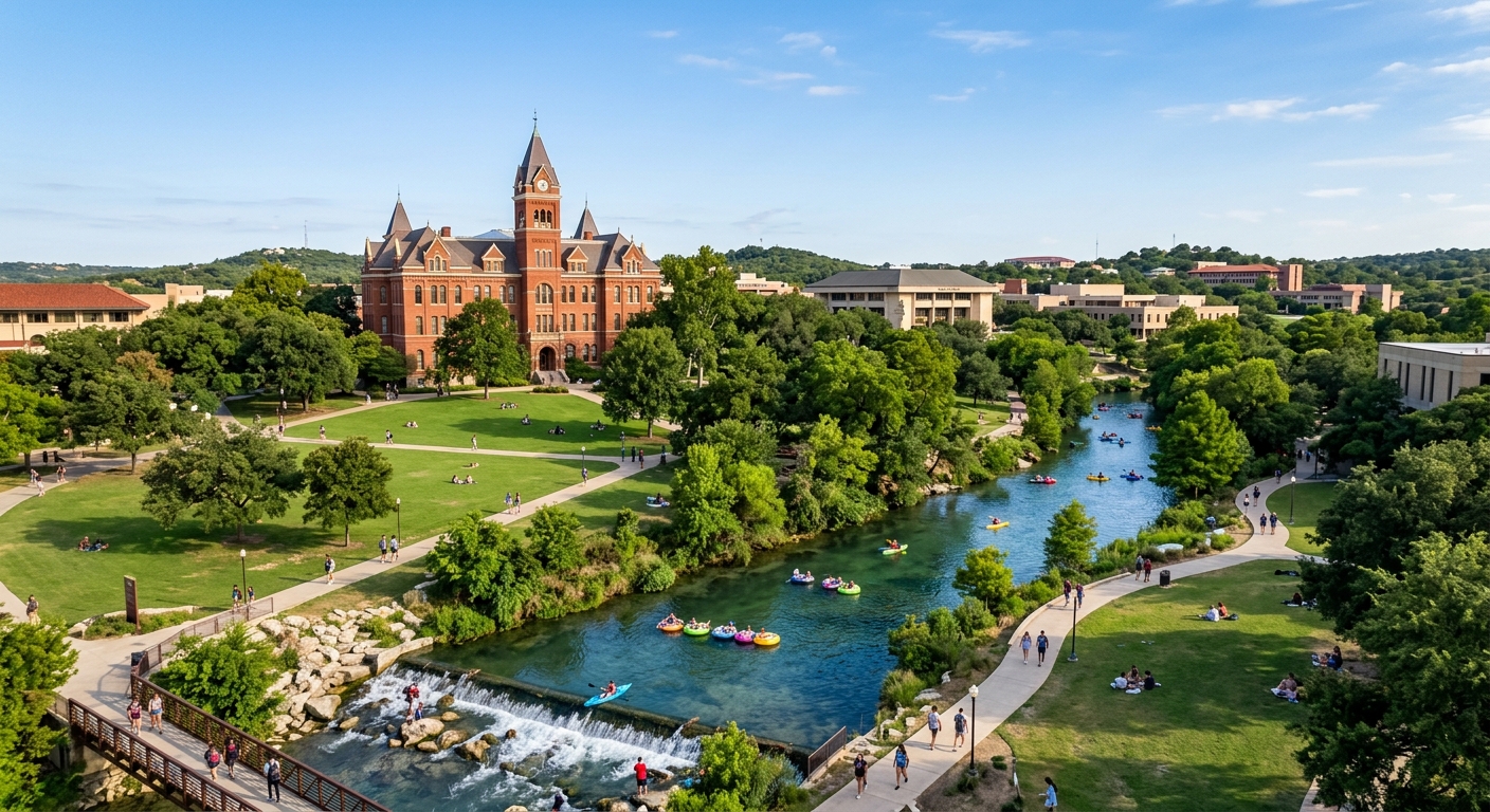 Texas State University campus in San Marcos with historic Old Main building, green lawns, and the San Marcos River flowing through campus under a clear blue Texas sky
