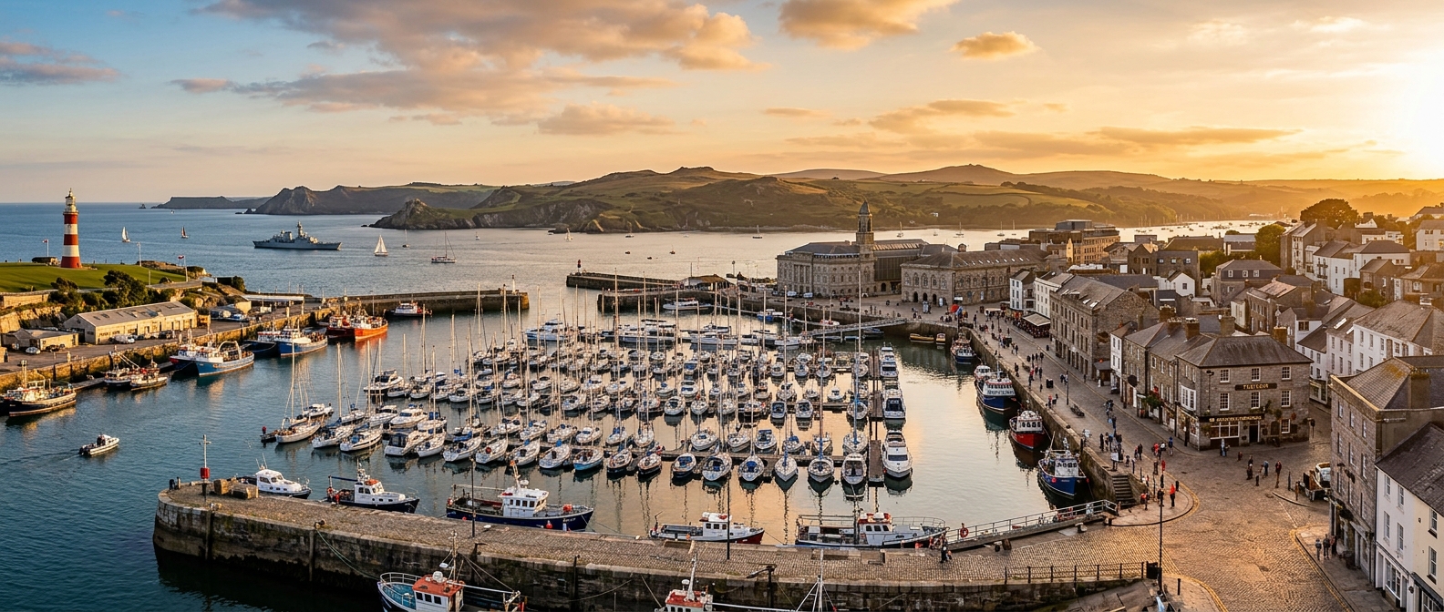 Panoramic view of Plymouth waterfront and harbour, historic Barbican area, boats in the marina, Dartmoor hills visible in the distance, dramatic Devon coastline, golden hour light