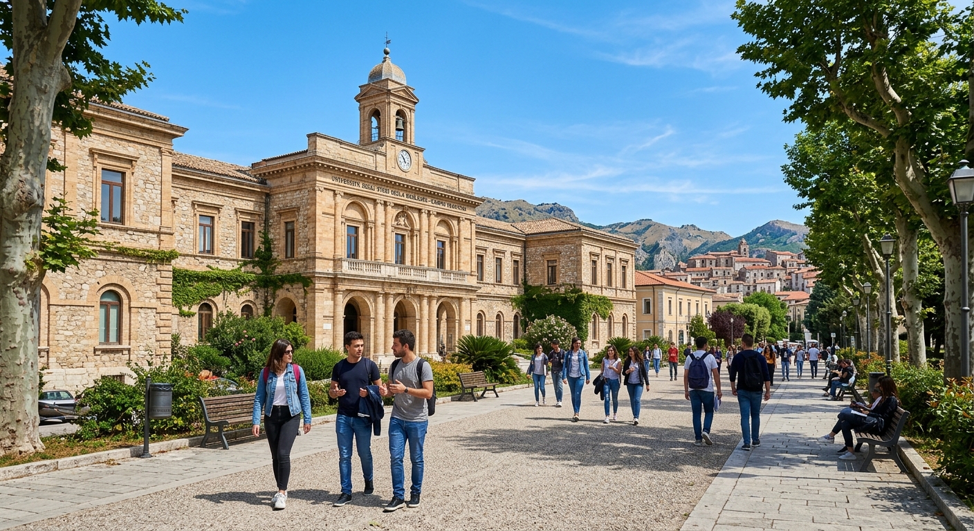 Historic stone campus building of the University of Basilicata in Potenza, Italy, with students walking along tree-lined paths under a clear Mediterranean sky, the Francioso Campus visible with classical Italian architecture