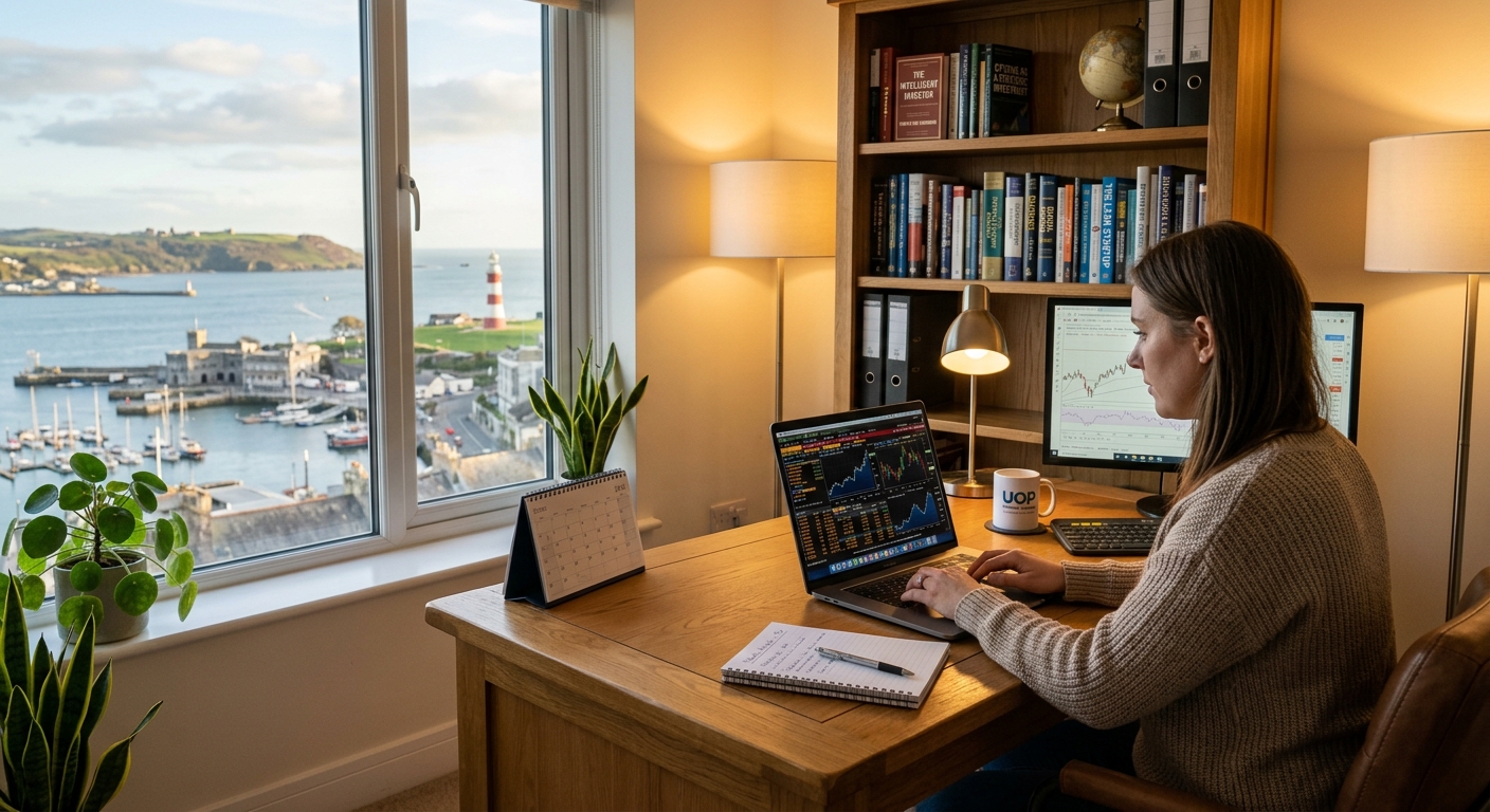 Professional distance learning setup with laptop displaying financial charts and capital markets data, modern home office with books on finance and business strategy, warm ambient lighting, Plymouth UK cityscape visible through window