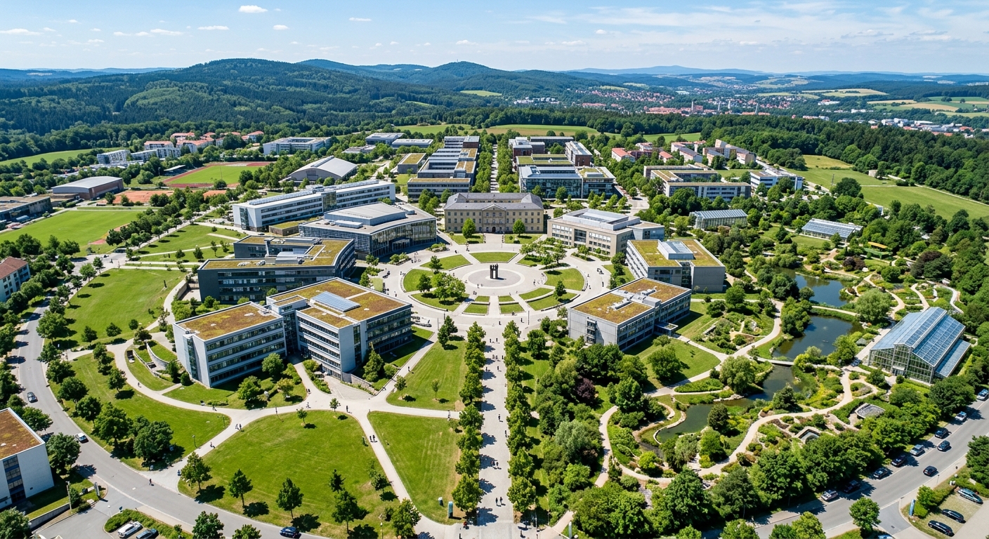 Aerial view of the University of Bayreuth campus with modern buildings arranged around the central Rondell plaza, green lawns, Ecological-Botanical Garden visible, Franconian hills in the background, bright daylight
