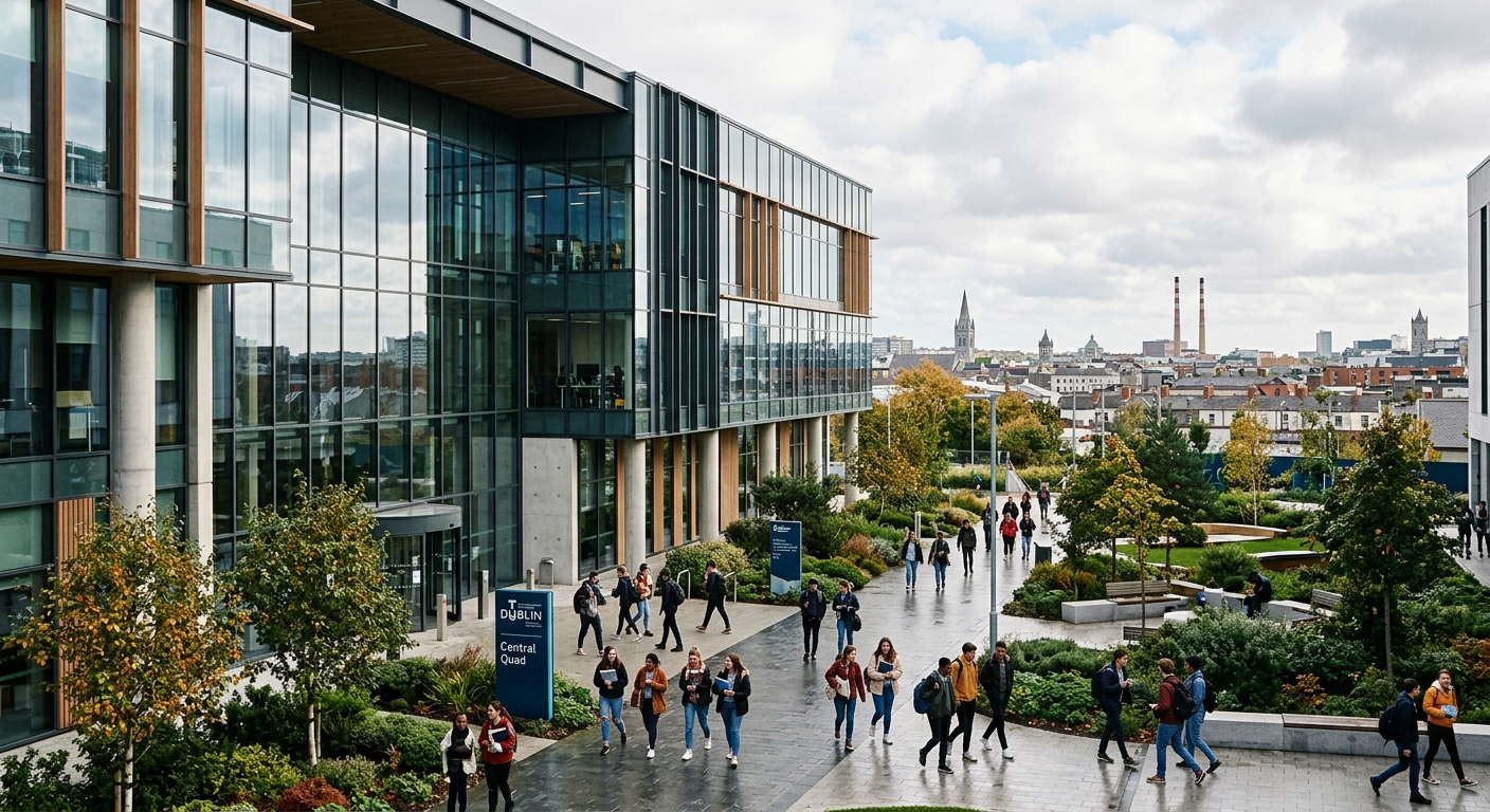 Modern TU Dublin Grangegorman campus building with glass facade, students walking across a landscaped courtyard, Dublin cityscape in the background, bright overcast sky typical of Ireland