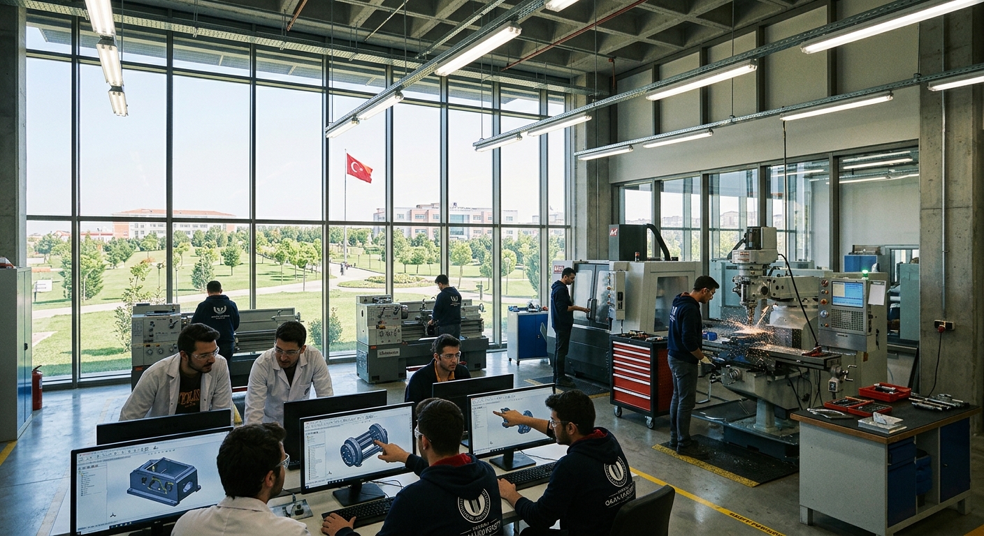 Modern engineering campus at Istanbul Okan University Tuzla, students working in a mechanical engineering laboratory with CNC machines and CAD workstations, bright industrial lighting, Turkish flag visible through large windows overlooking green campus grounds