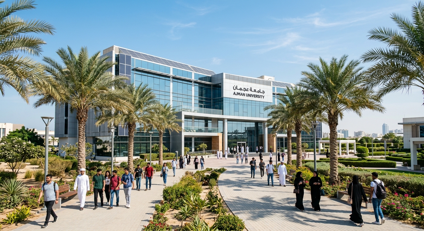 Modern Ajman University campus building with glass facade and palm trees, students walking along pathways under clear blue skies in the United Arab Emirates