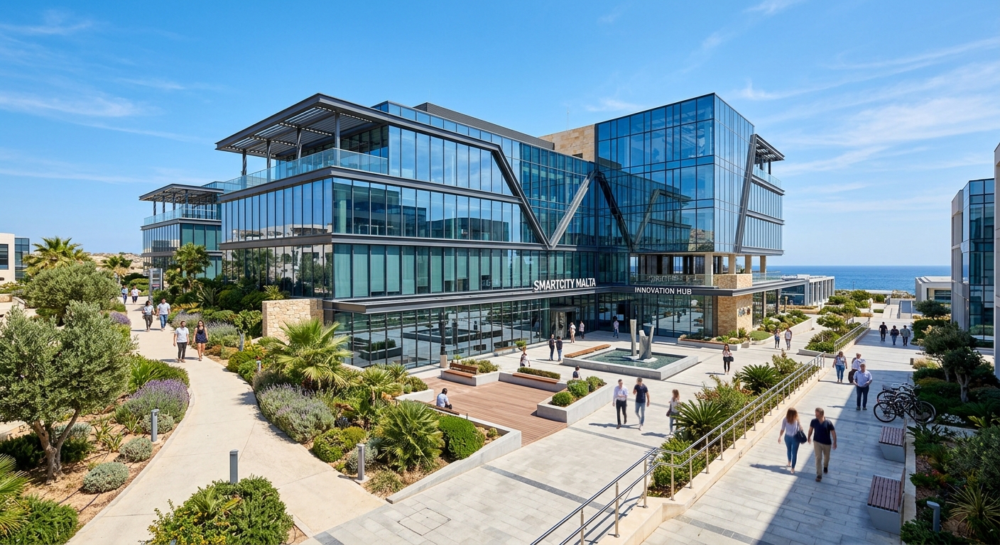 Modern SmartCity Malta campus building exterior with glass facades, landscaped walkways, Mediterranean blue sky, and contemporary architecture