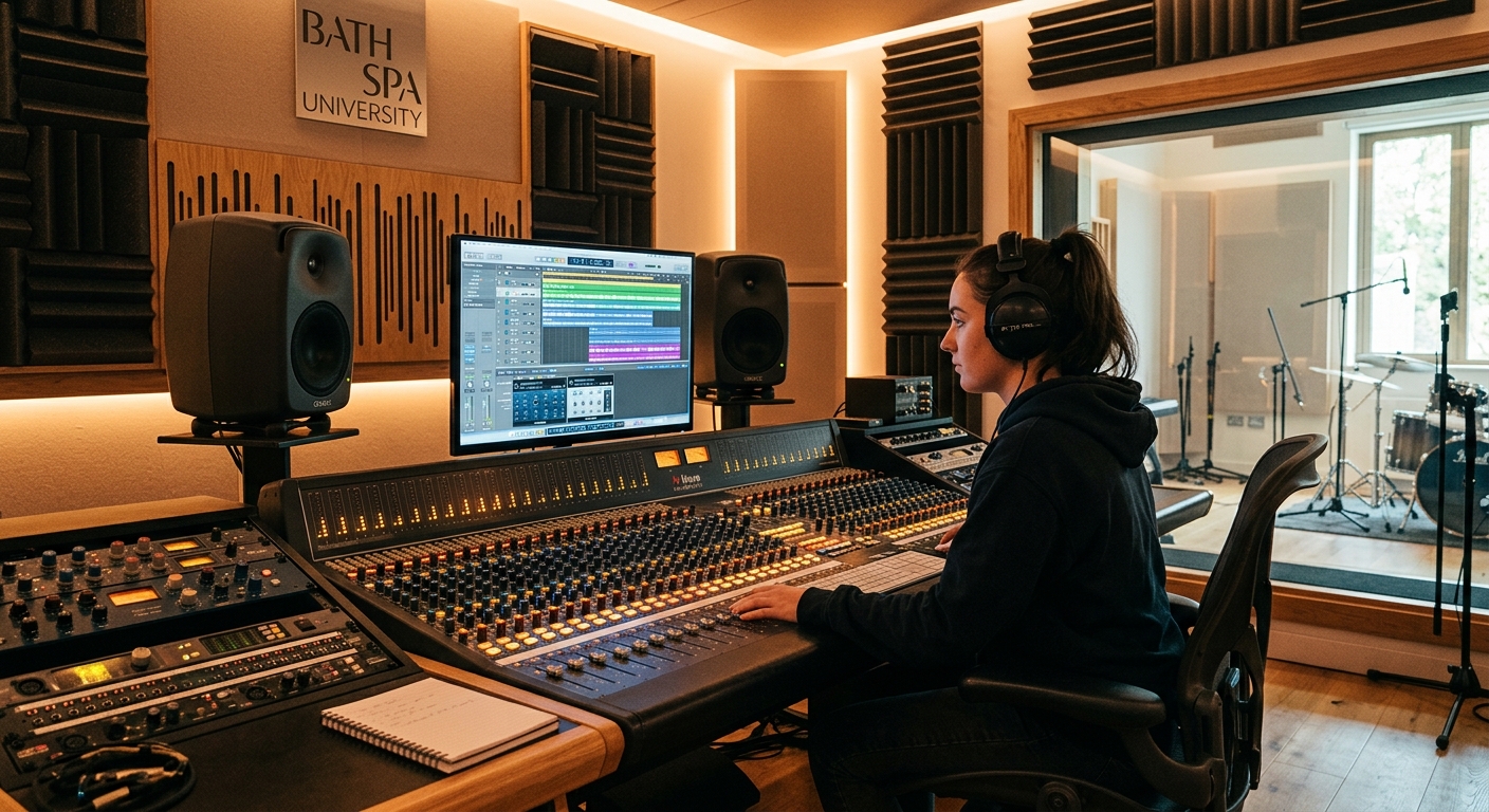 Professional recording studio at Bath Spa University Newton Park Campus, mixing console with illuminated faders, studio monitors, acoustic treatment panels on walls, warm ambient lighting, student working at a digital audio workstation