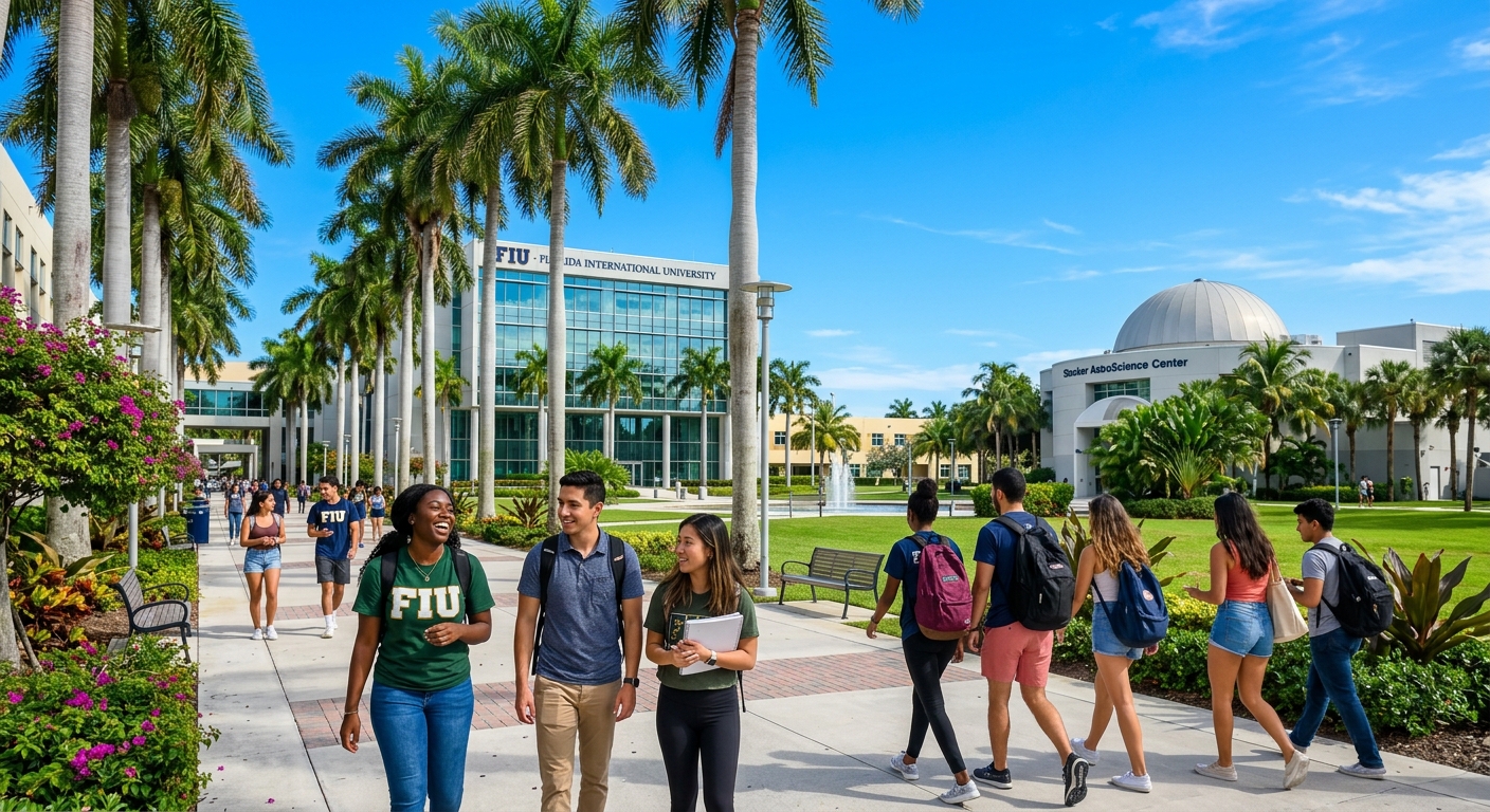 Florida International University campus in Miami with modern academic buildings, palm trees lining walkways, diverse students walking between classes under clear blue skies, tropical South Florida setting