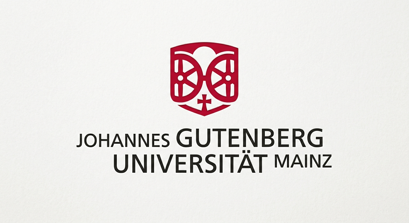 Johannes Gutenberg University Mainz official logo, featuring a stylized red double-wheel emblem of Mainz with the university name in dark lettering