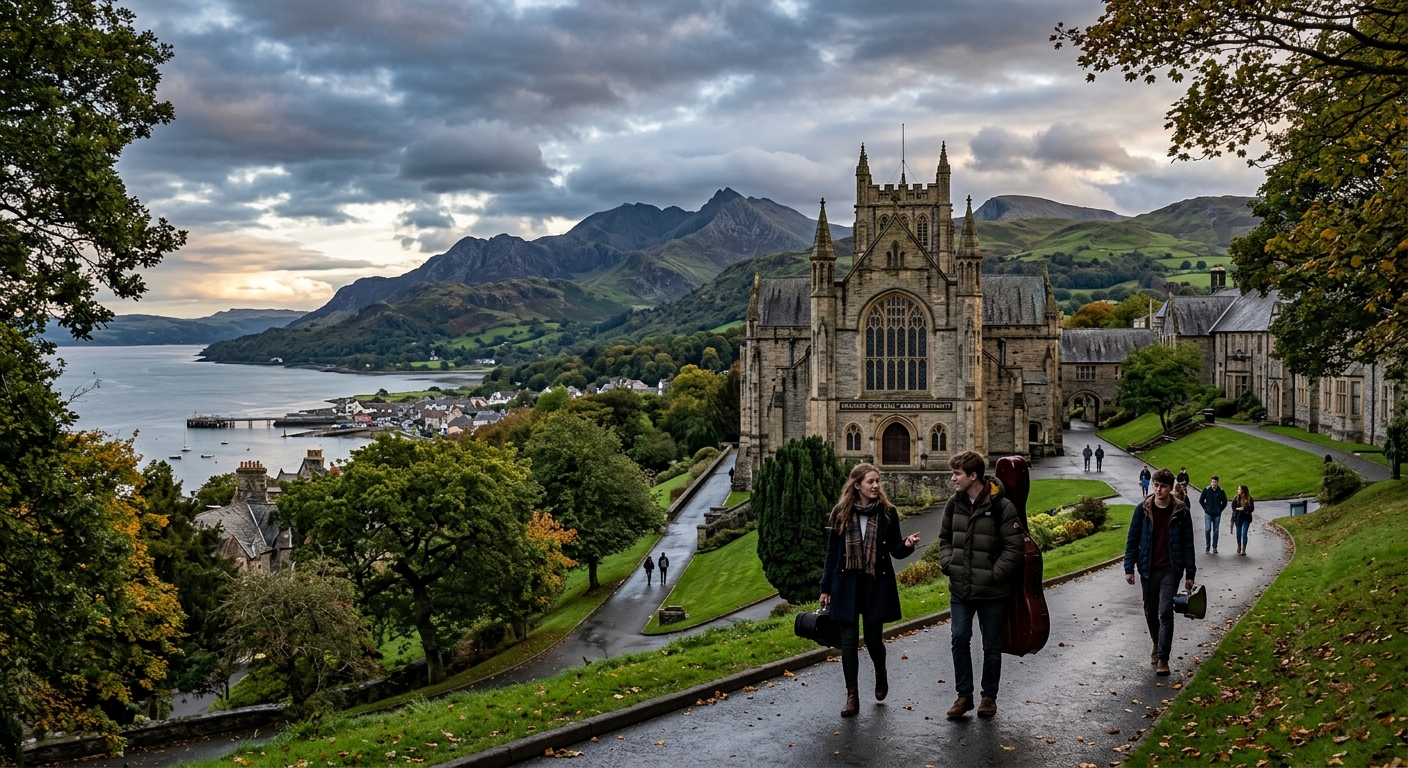 Historic Bangor University campus with Prichard Jones Hall concert venue, lush green Welsh mountains of Snowdonia in the background, students carrying instrument cases walking along tree-lined paths, dramatic sky over North Wales coastline