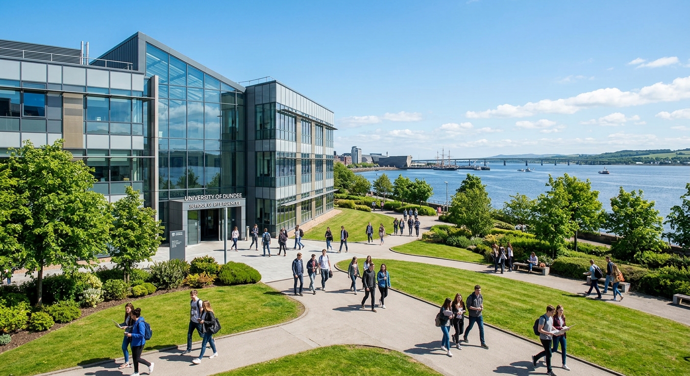 University of Dundee School of Life Sciences building exterior with modern glass facade, students walking on campus pathways, green landscaped grounds with the River Tay visible in the background, bright Scottish summer day