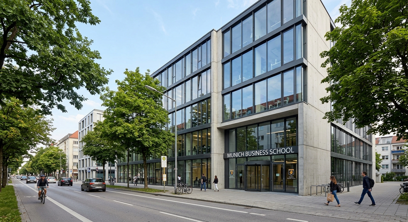 Munich Business School modern building exterior, glass and concrete facade, Elsenheimerstrasse, urban Munich setting with trees lining the street