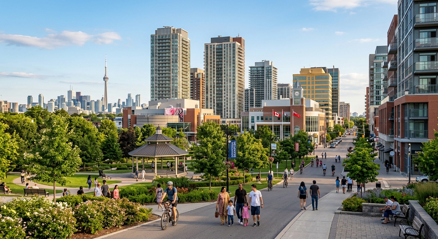 Brampton Ontario cityscape, modern downtown buildings, diverse multicultural community, parks and trails, Greater Toronto Area skyline in background, warm daylight