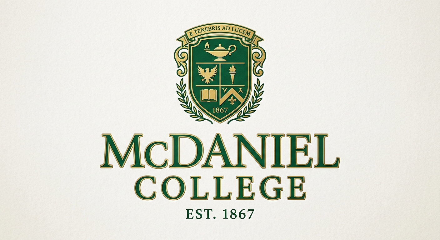 McDaniel College official logo, green and gold colors, featuring the college name in serif typography with institutional crest