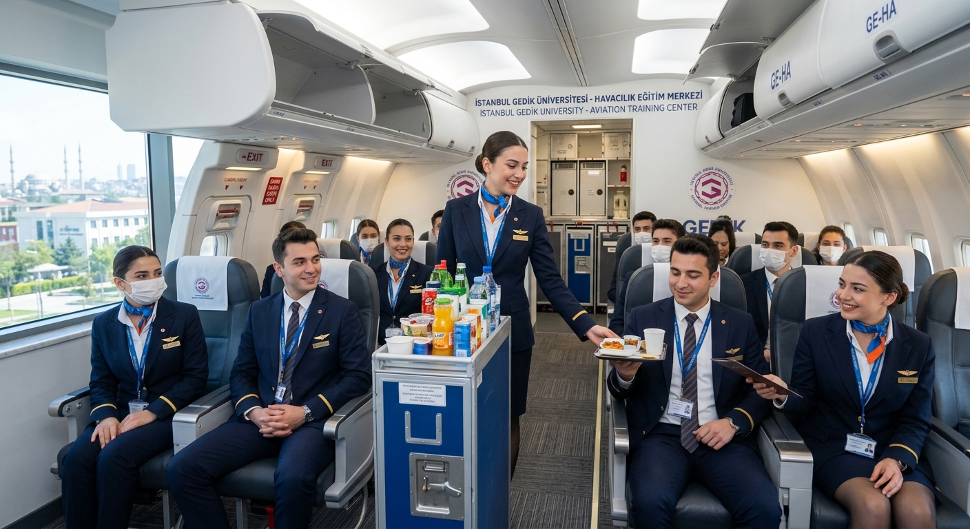 Modern aviation training facility at Istanbul Gedik University with cabin mock-up simulator, students in cabin crew uniforms practicing service procedures, bright interior lighting, Turkish university campus setting