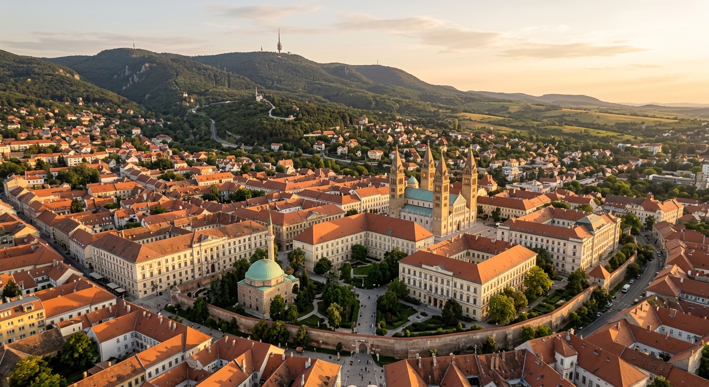 Aerial view of University of Pécs campus with historic buildings and the Mecsek mountains in the background, red-roofed city center, warm golden hour lighting, Southern Hungary landscape