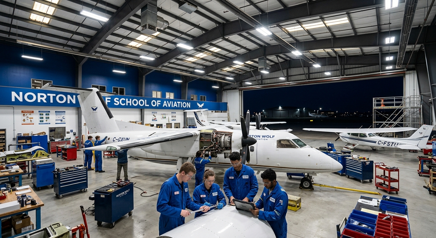 Norton Wolf School of Aviation hangar at London International Airport, large aircraft hangar with planes inside, students working on aircraft maintenance, bright industrial lighting
