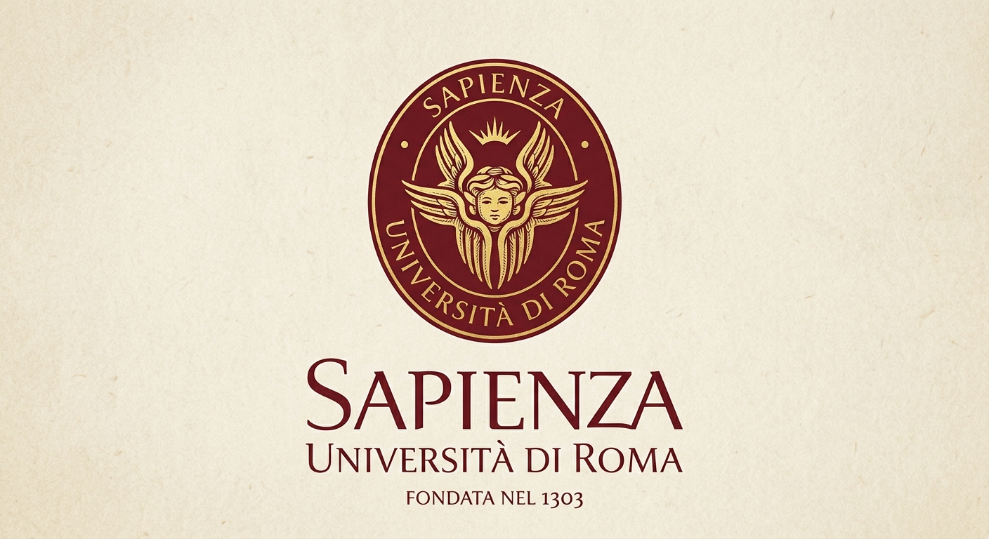Sapienza University of Rome official logo featuring the Cherub symbol with university name in dark red and gold, classic serif typography