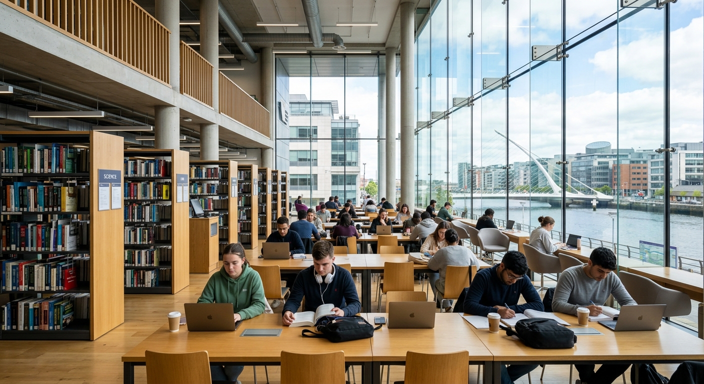 NCI library interior with students studying at desks, floor-to-ceiling windows, modern bookshelves, bright natural lighting