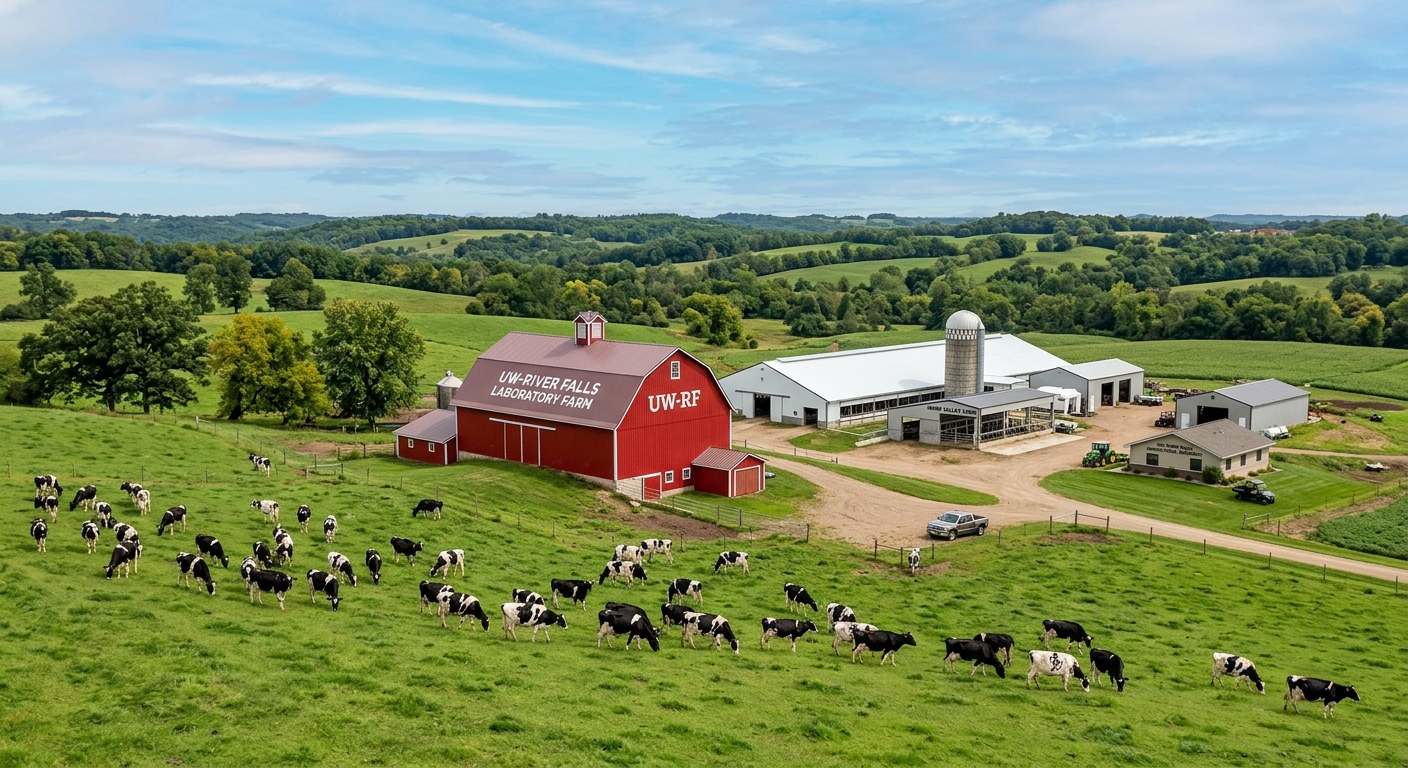 UW-River Falls laboratory farm, green pastures, dairy cows grazing, red barn, agricultural research facilities, rolling Wisconsin countryside