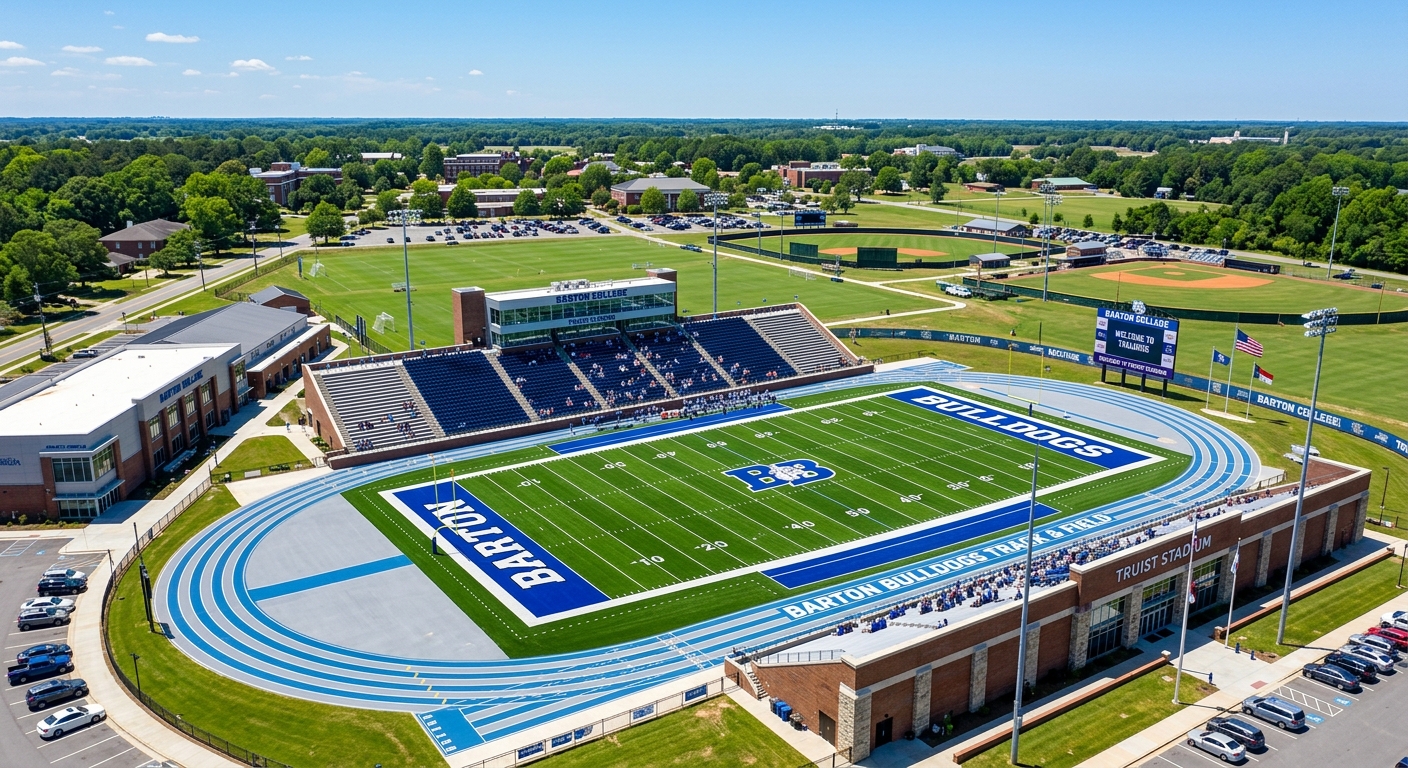 Barton College athletic complex and sports fields, modern stadium seating, football field with royal blue and white markings, clear sky